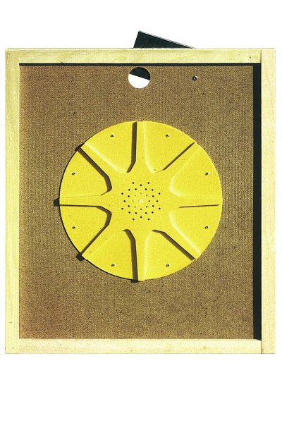 Sternförmige Runde Bienenflucht aus Kunststoff mit 8 Ausgängen auf Holzbrett 43x50cm