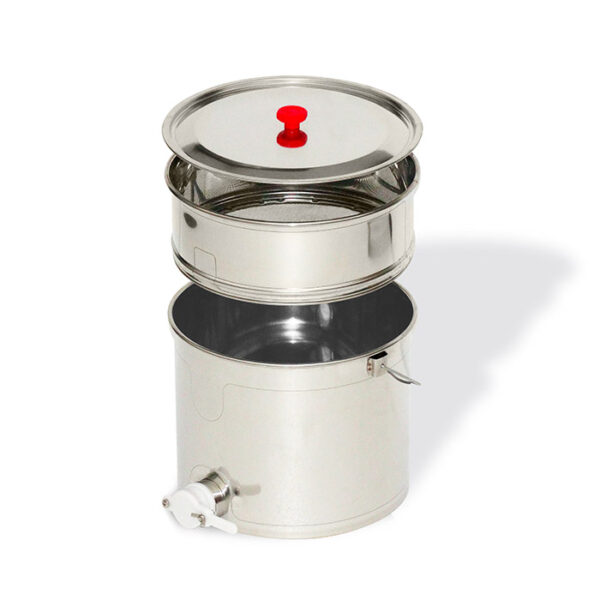 SEAU SOUS-EXTRACTEUR EN ACIER INOXYDABLE de 25 kg avec poignée, couvercle et robinet Ø 40 mm.
