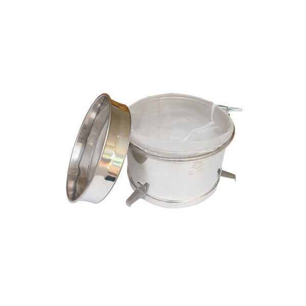 TAMIS FILTRE DOUBLE PETIT MODÉLE en acier inoxydable avec sac en nylon et préfiltre pour maturateurs 50/100 kg.