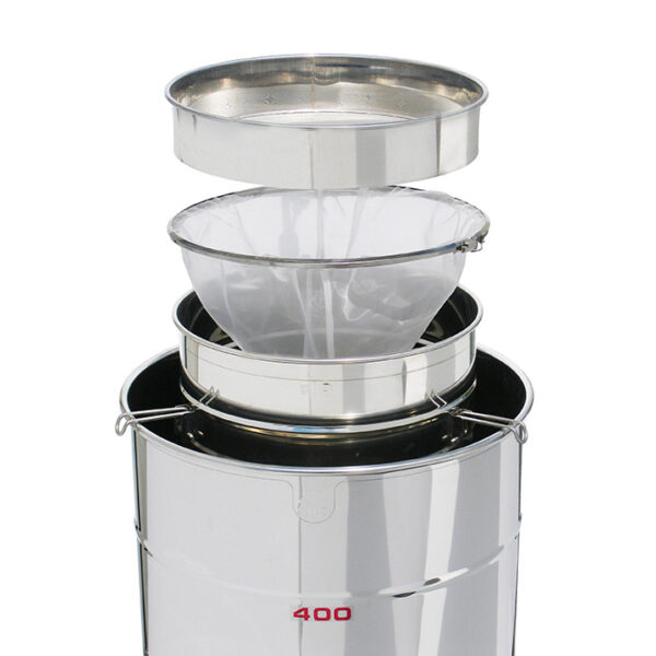 FILTRO DOBLE GRANDE de acero inoxidable con bolsa de nailon y prefiltro para maduradores de 200/400 kg.