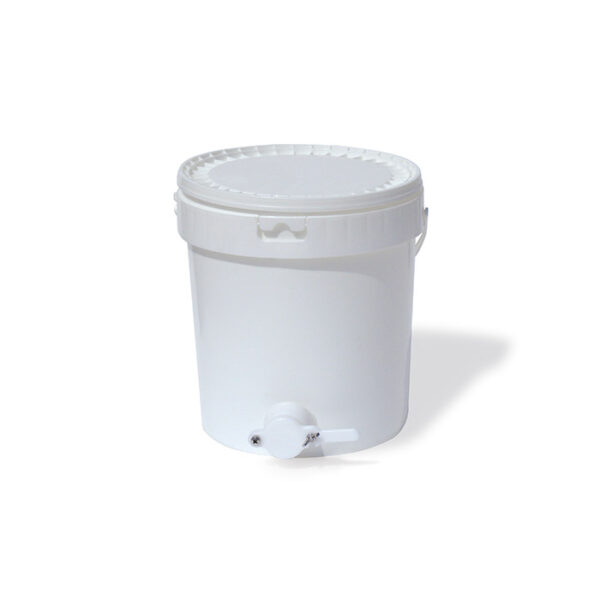 SEAU ROND EN PLASTIQUE pour aliments de 25 kg avec couvercle à pression, bande de sécurité et robinet Ø 40 mm.